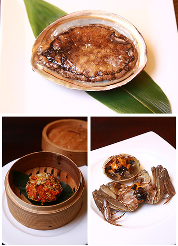 紹興酒漬けの通称・酔っぱらい 蟹（写真下右）と上海蟹の蒸し物。ともにコースからの一品。 事前予約の際にご相談を