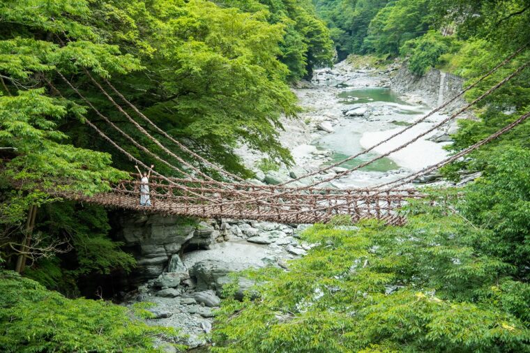 祖谷のかずら橋（徳島県三好市）：平家伝説が残る秘境「祖谷（いや）」にある、野生のカズラで作られた吊橋。絶景！