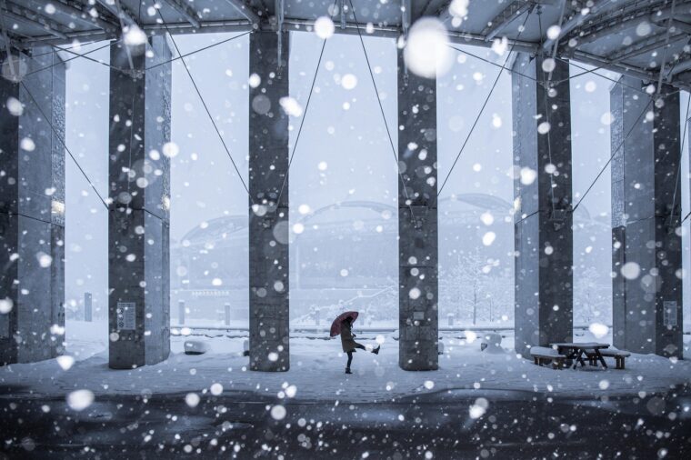 ＜撮影者コメント＞大雪の日、ビッグスワンを手前の印象的な建物越しに狙いました。