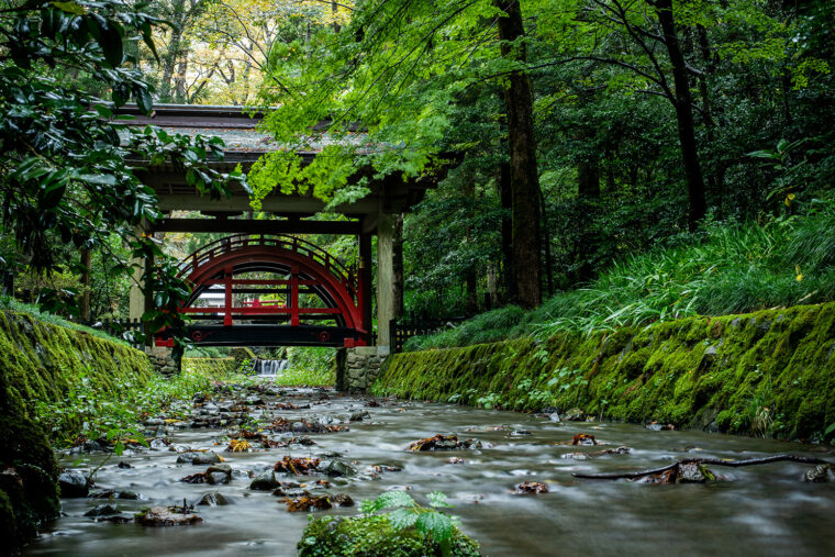 玉の橋の下を流れる御手洗川のせせらぎに心洗われます