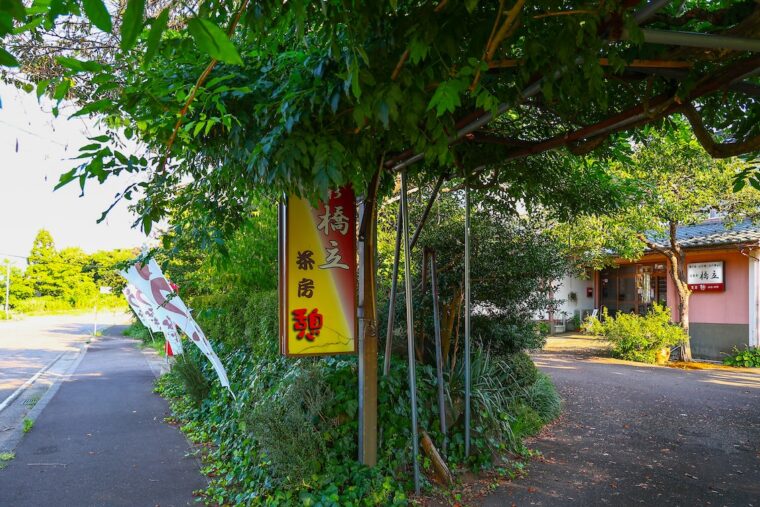 植物の緑に包まれた入口。「うなぎ」と書かれたのぼりが沿道にズラリ