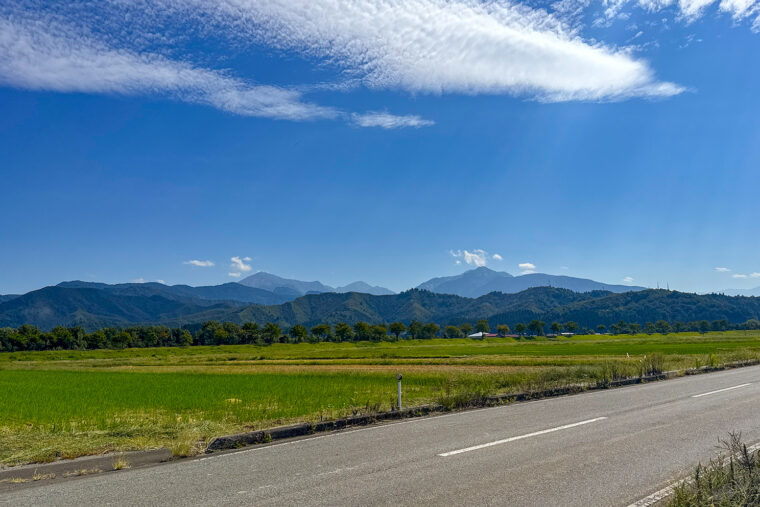 思わず車を止めてしまいたくなる景色。視界後方には上越線の線路が。タイミングが合えば走る電車を見ることができる