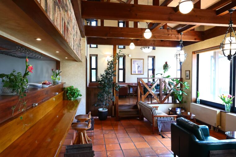 植物の緑に癒やされる店内