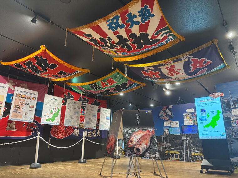 展示の様子。さまざまな大漁旗を掲出