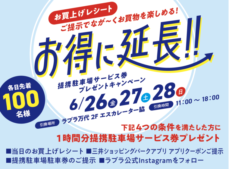 6月26日（金）〜28日（日）、当日の館内買い物レシートの提示等の条件を満たすと、1時間分の提携駐車場サービス券がもらえる。各日先着100名！