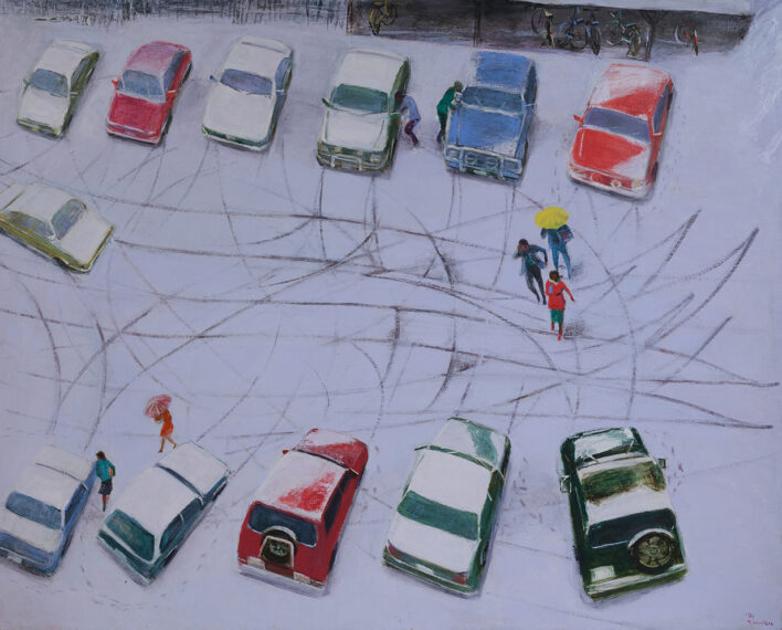 村山陽《雪の朝 駐車場俯瞰》小林古径記念美術館蔵