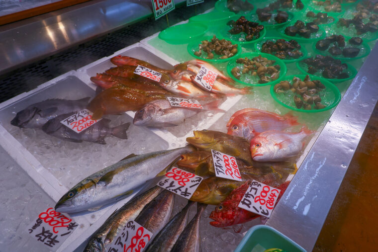 旬の鮮魚をはじめ、サザエやカキなどの貝類も販売